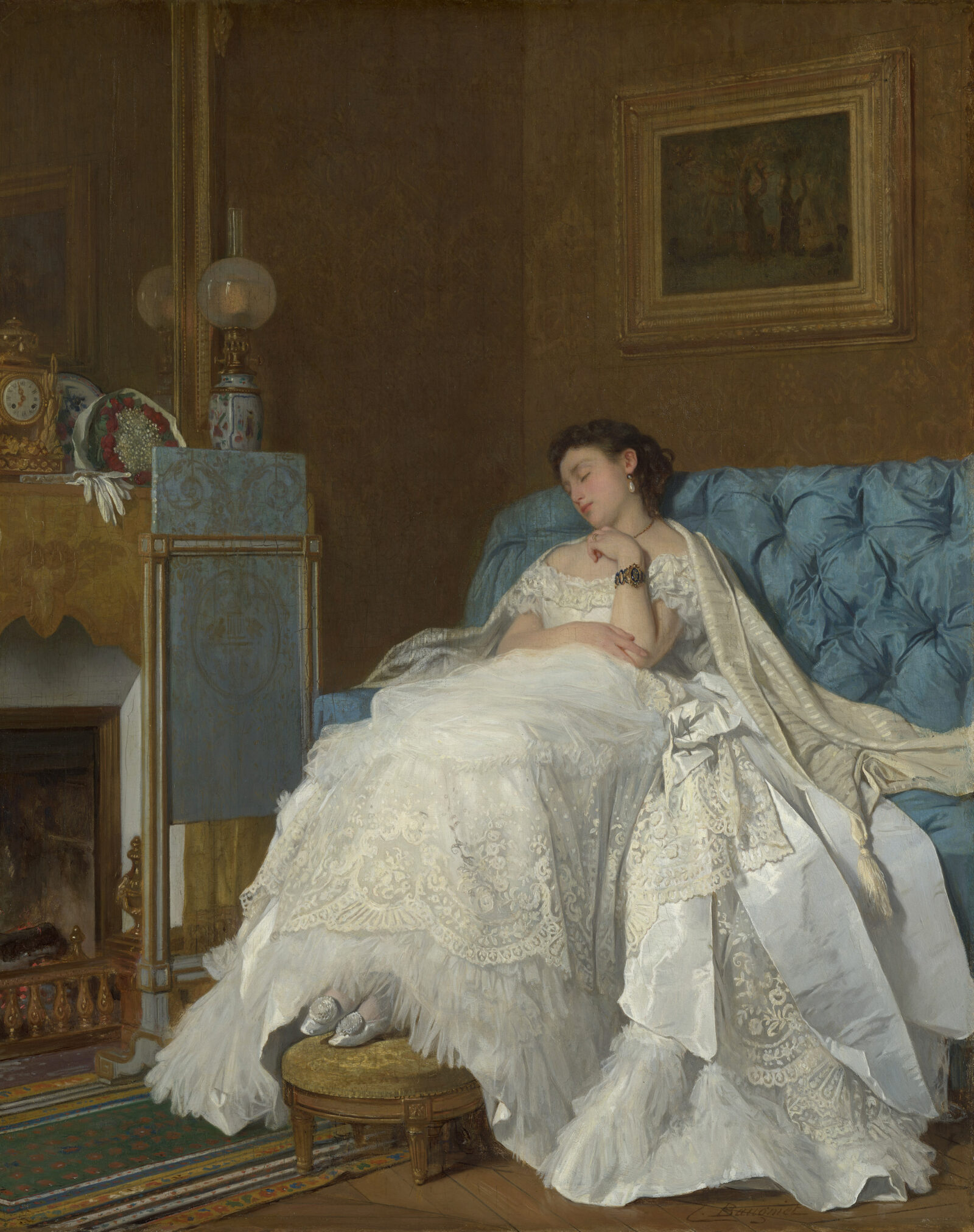 A painting depicting a glamorous young woman in a white dress, reclined and sleeping on a blue sofa.
