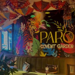 Interior of Paro with khaki velvet seating, brightly decorated walls and umbrellas on the ceiling.