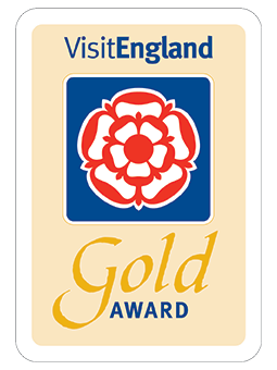 Gold image with VisitEngland in blue text at the top with red, white and blue logo below and gold award text below that - gold in gold and award in blue.