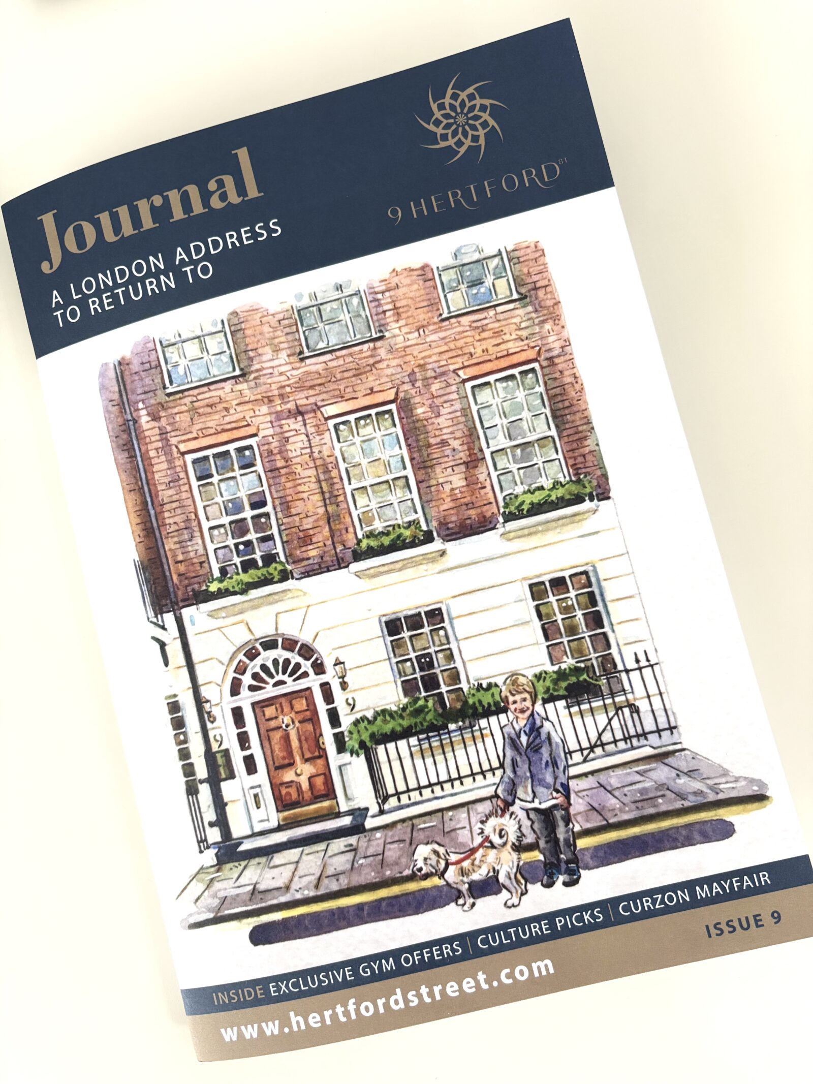 The front cover of the 9 Hertford Street Journal, featuring a watercolour illustration of the facade of the Georgian building.