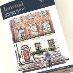The front cover of the 9 Hertford Street Journal, featuring a watercolour illustration of the facade of the Georgian building.