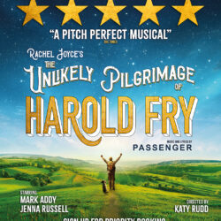 The poster for The Unlikely Pilgrimage of Harold Fry, which shows Harold standing in the landscape, arms above his head.