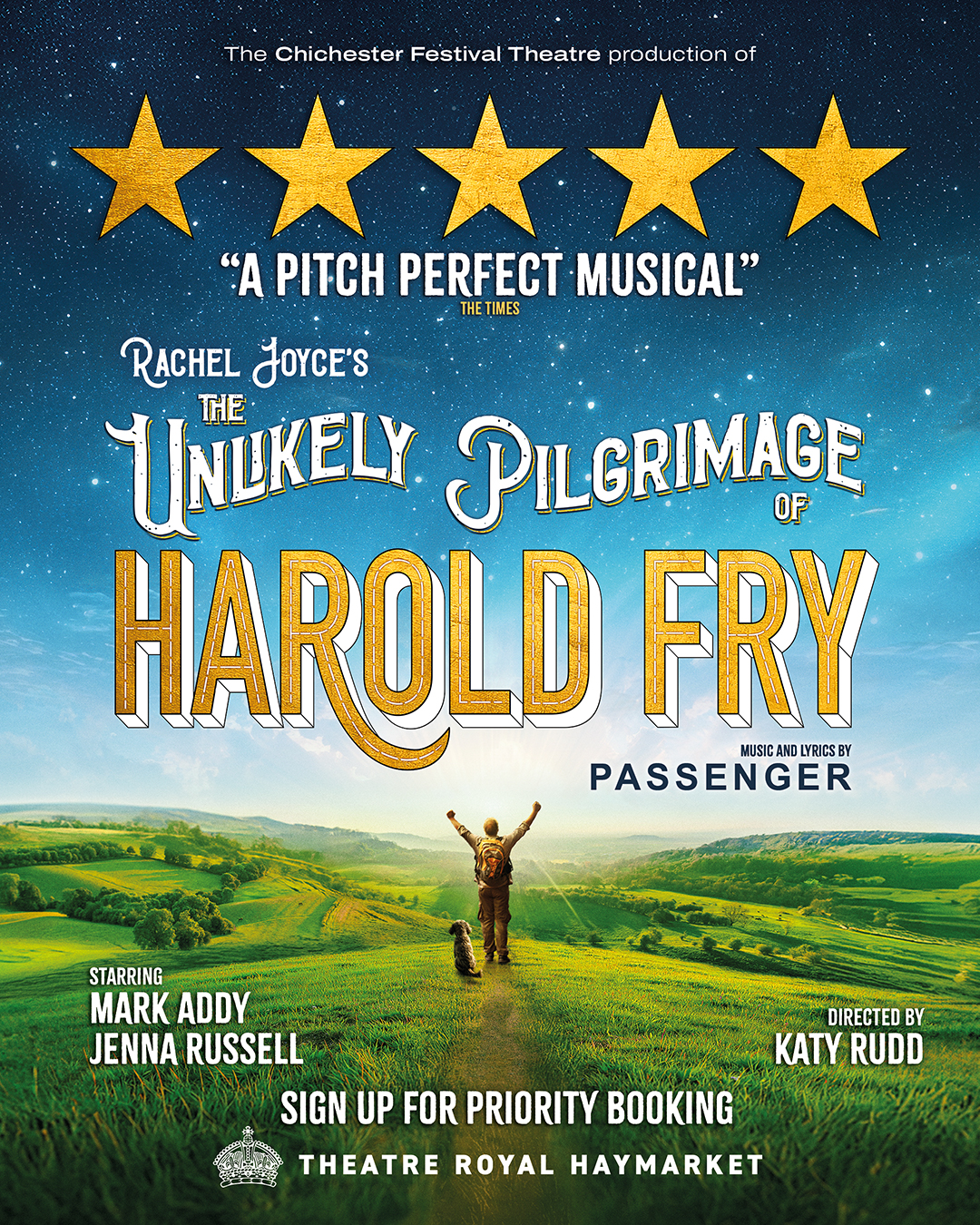 The poster for The Unlikely Pilgrimage of Harold Fry, which shows Harold standing in the landscape, arms above his head.