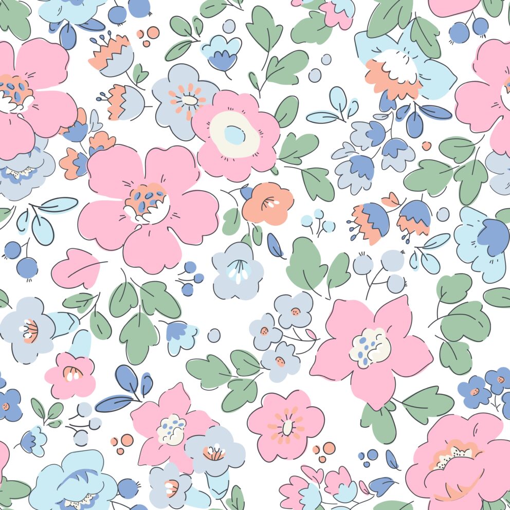 Close up detail of Liberty London fabric, depicting pale pink and pale blue flowers, and pale green leaves on a white background.